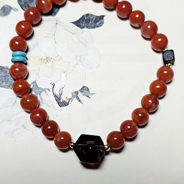 Armband mit Naturstein Rotem Achat und Quarz, handgefertigtem Flechtstil Design