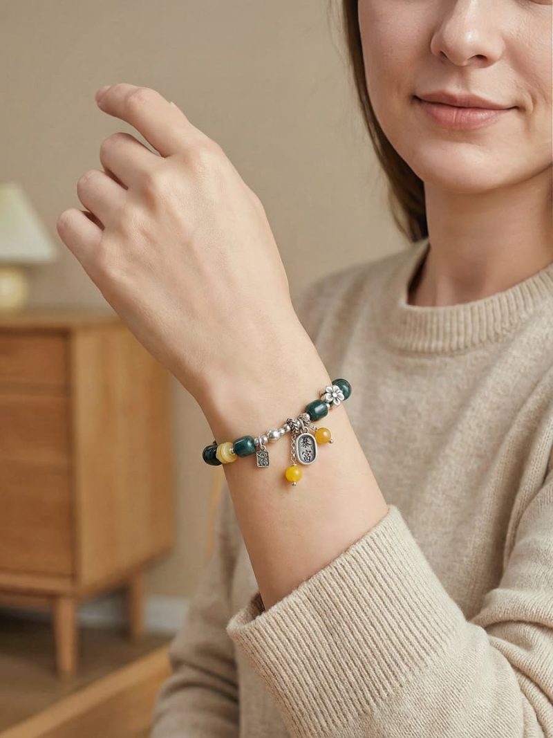 Damen Armband aus blauem Jadeit mit Bernstein und Silber-Elementen