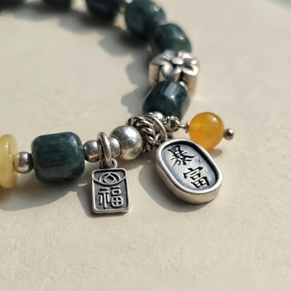 Damen Armband aus blauem Jadeit mit Bernstein und Silber-Elementen