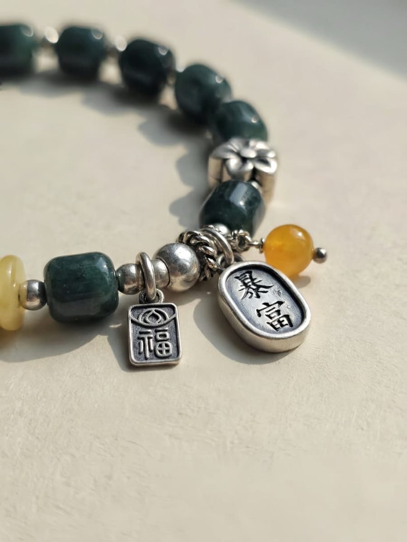 Damen Armband aus blauem Jadeit mit Bernstein und Silber-Elementen