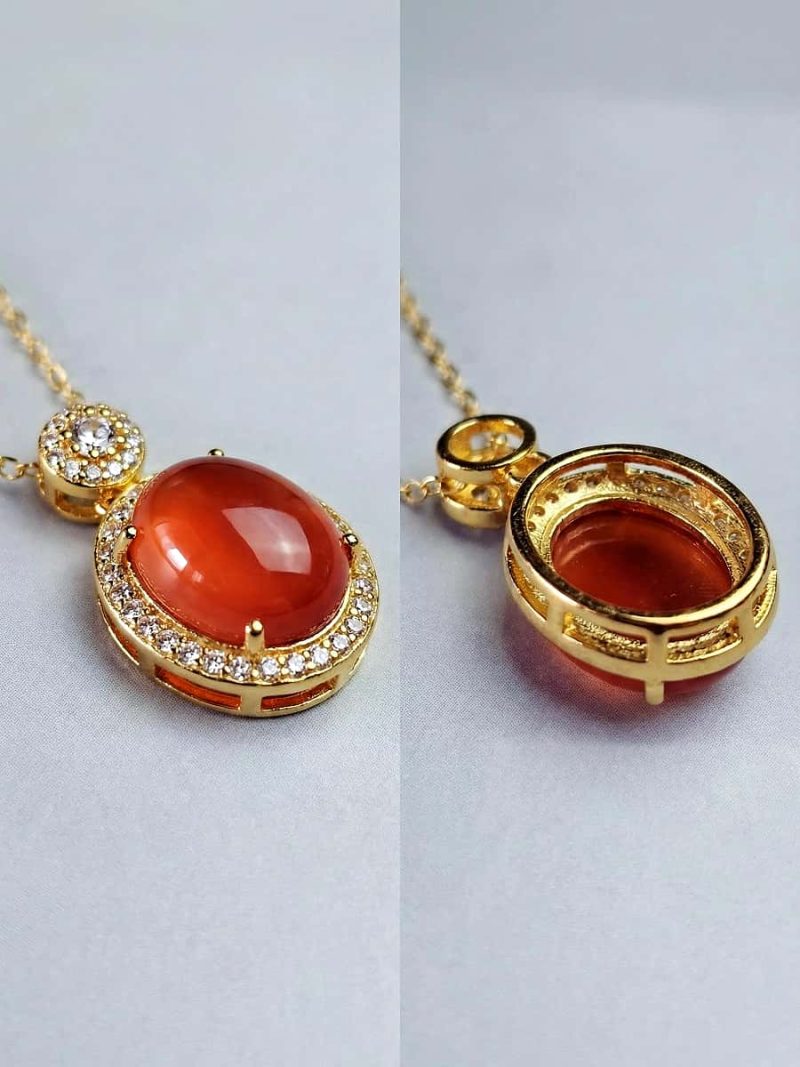 Damen Halskette mit rotem Nanhong-Achat und Zirkonia in vergoldetem Silber