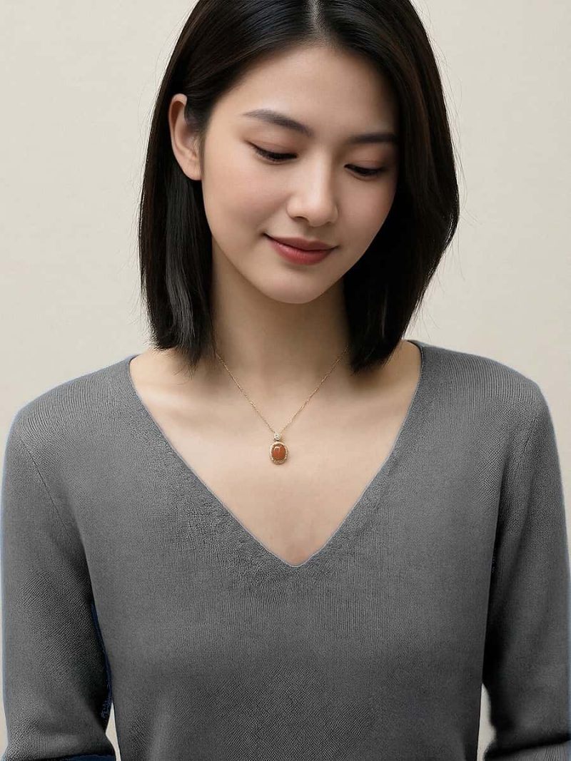 Damen Halskette mit rotem Nanhong-Achat und Zirkonia in vergoldetem Silber