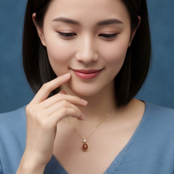 Damen Halskette mit rotem Nanhong-Achat und Zirkonia in vergoldetem Silber