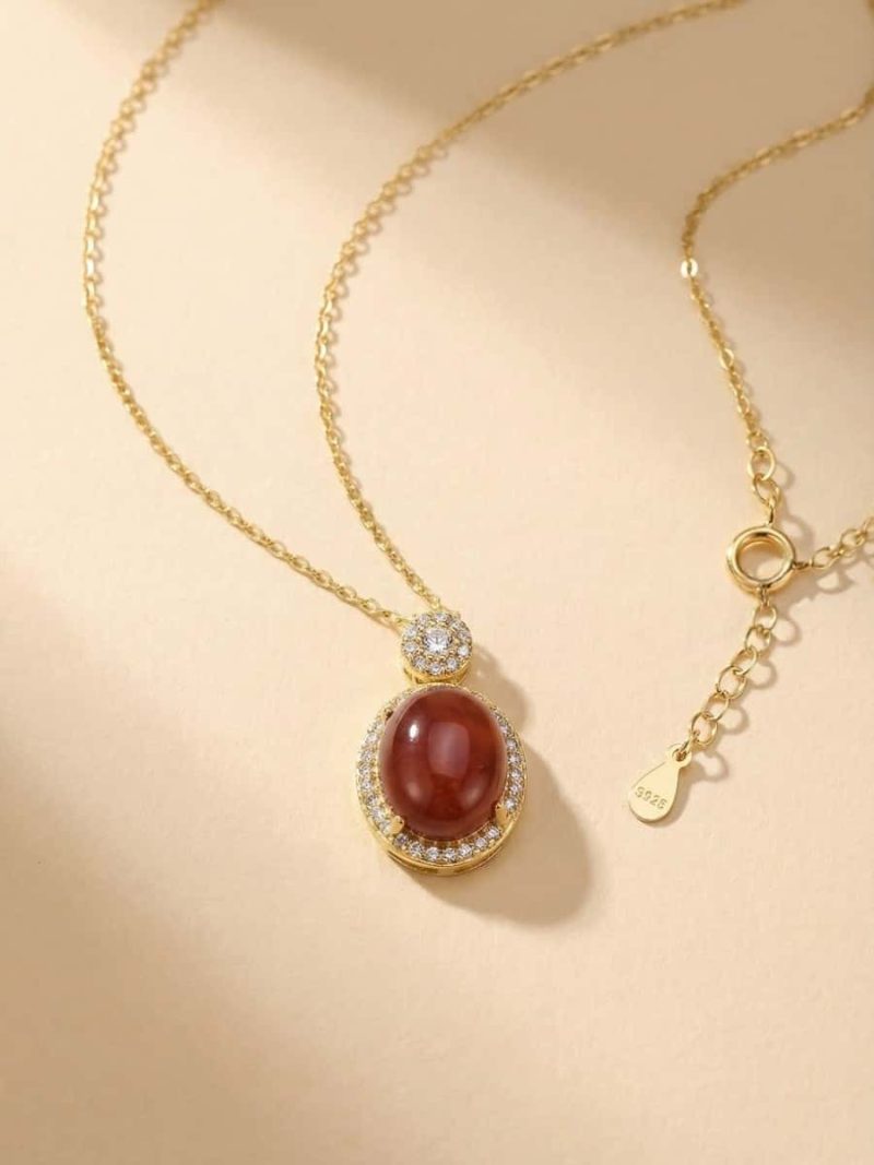 Damen Halskette mit rotem Nanhong-Achat und Zirkonia in vergoldetem Silber