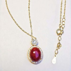 Nanhong-HK018-10 Damen Halskette mit rotem Nanhong-Achat und Zirkonia in vergoldetem Silber