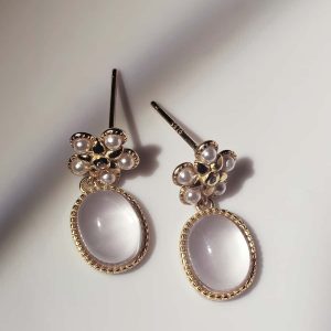 Quarz-OR0016-01 Damen Ohrring mit Rosenkristall Naturstein