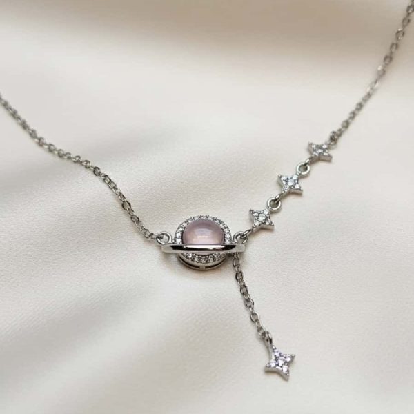 Damen Halskette Stern Mond silberfarben mit Zirkonia und Rosenquarz