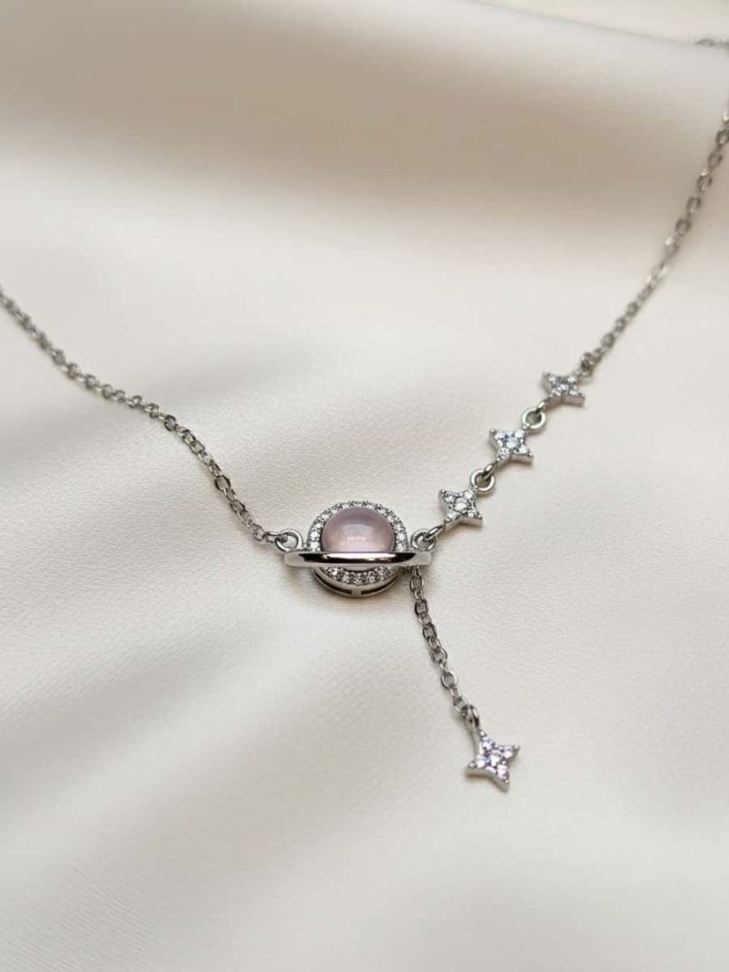 Damen Halskette Stern Mond silberfarben mit Zirkonia und Rosenquarz