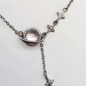 Damen Halskette Stern Mond silberfarben mit Zirkonia und Rosenquarz