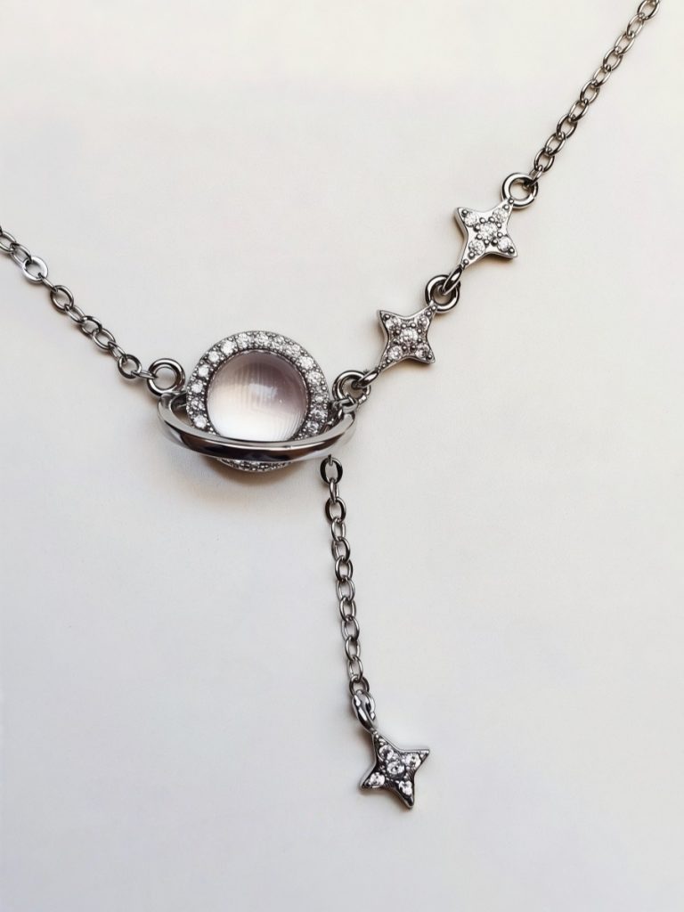 Damen Halskette Stern Mond silberfarben mit Zirkonia und Rosenquarz