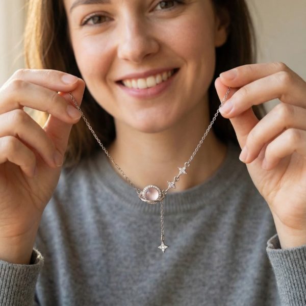 Damen Halskette Stern Mond silberfarben mit Zirkonia und Rosenquarz