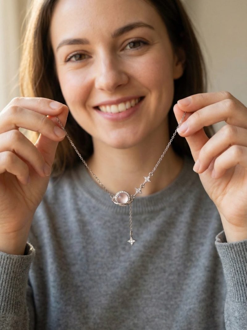 Damen Halskette Stern Mond silberfarben mit Zirkonia und Rosenquarz