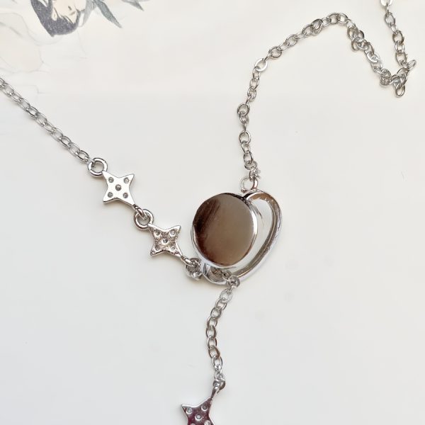 SteinMond-HK016-06 Damen Halskette Stern Mond silberfarben mit Zirkonia und Rosenquarz