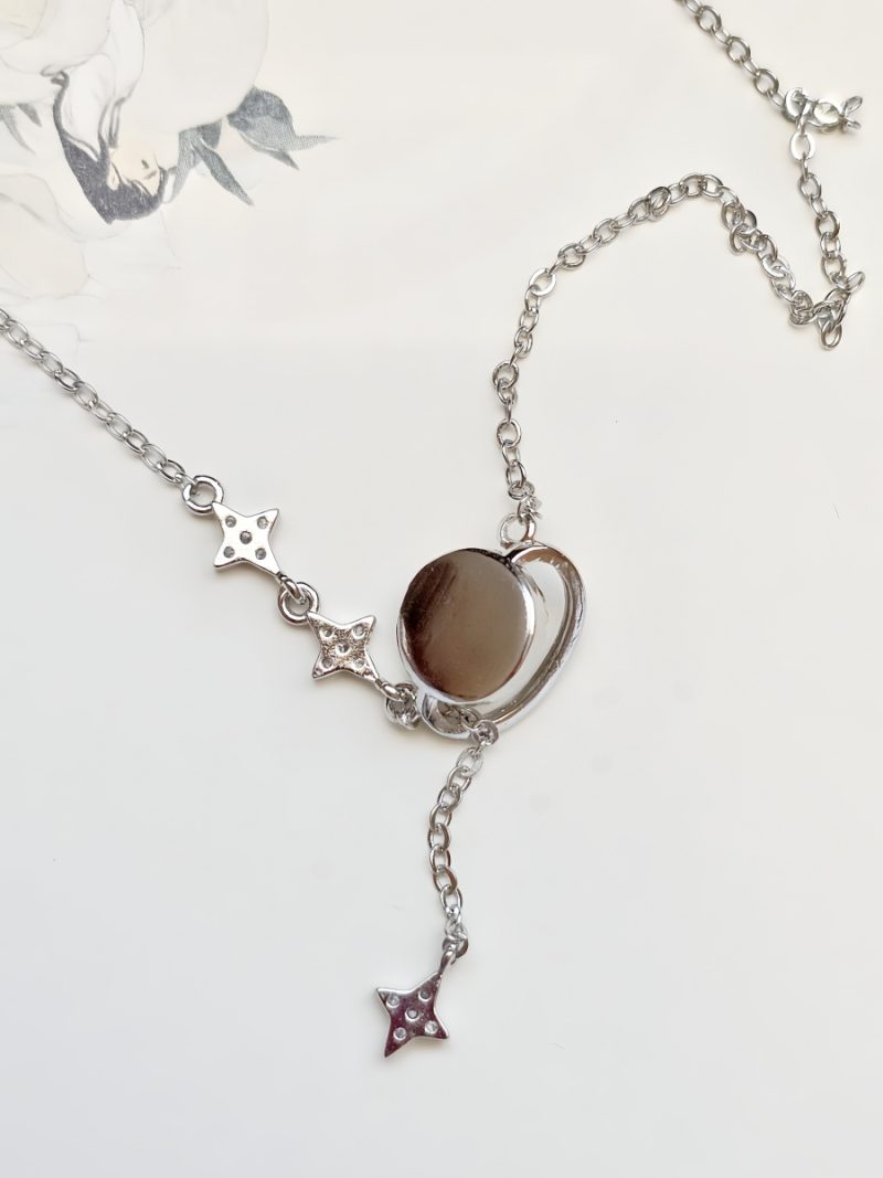 SteinMond-HK016-06 Damen Halskette Stern Mond silberfarben mit Zirkonia und Rosenquarz