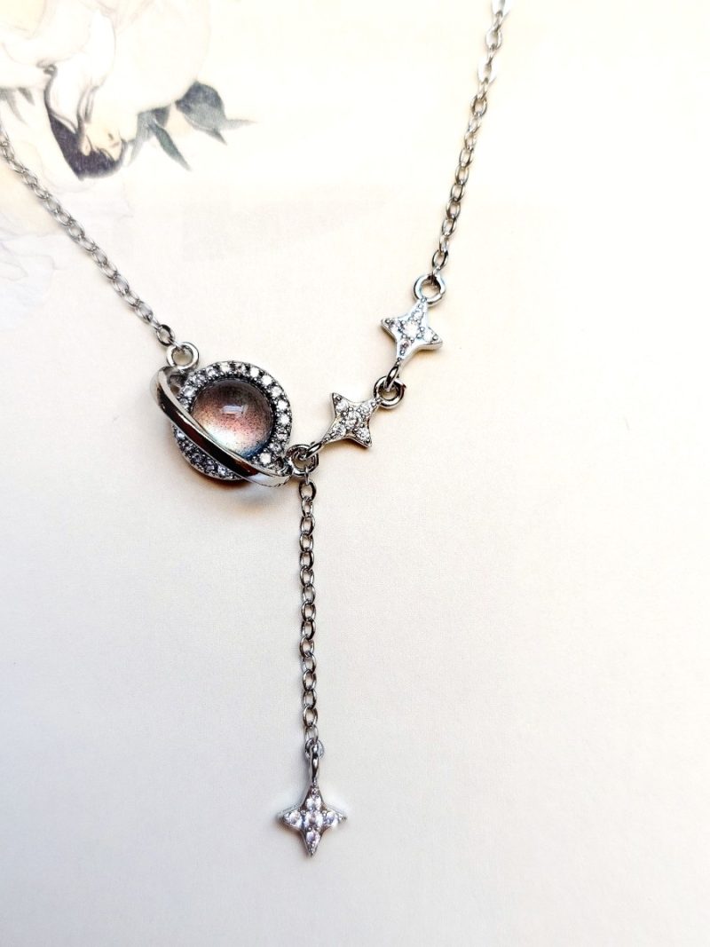 SteinMond-HK016-07 Damen Halskette Stern Mond silberfarben mit Zirkonia und Mondstein