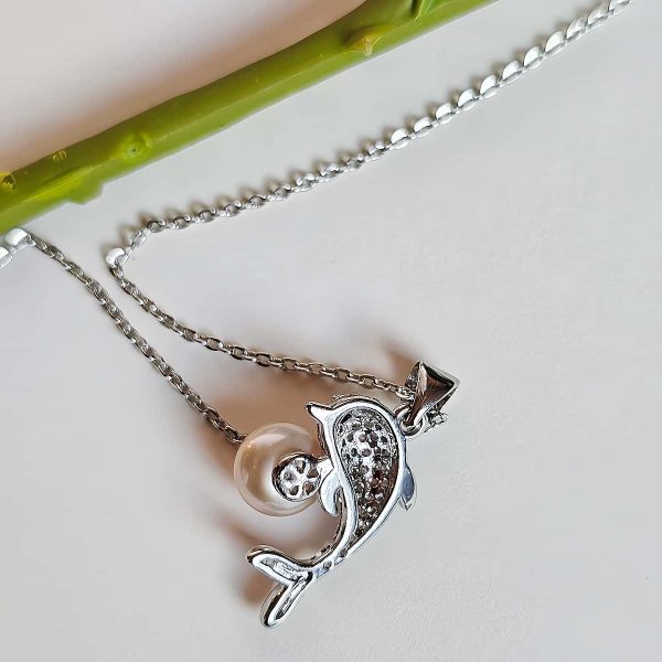 Modeschmuck Anhaenger, Hochwertige Schmuck, Halskette, Halskette Süßwasser Perle und Zirkonia- Delfin Design