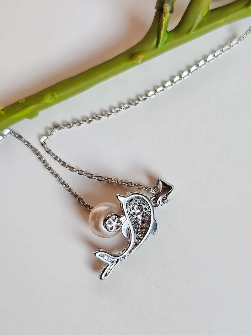 Modeschmuck Anhaenger, Hochwertige Schmuck, Halskette, Halskette Süßwasser Perle und Zirkonia- Delfin Design