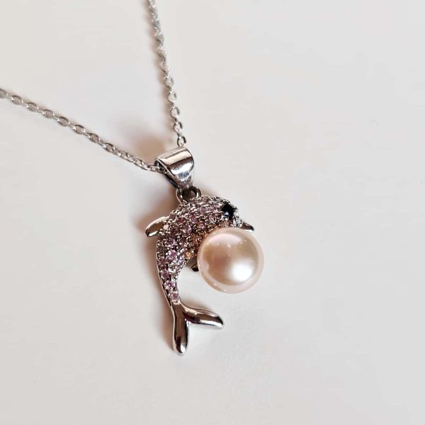 Halskette Süßwasser Perle und Zirkonia- Delfin Design
