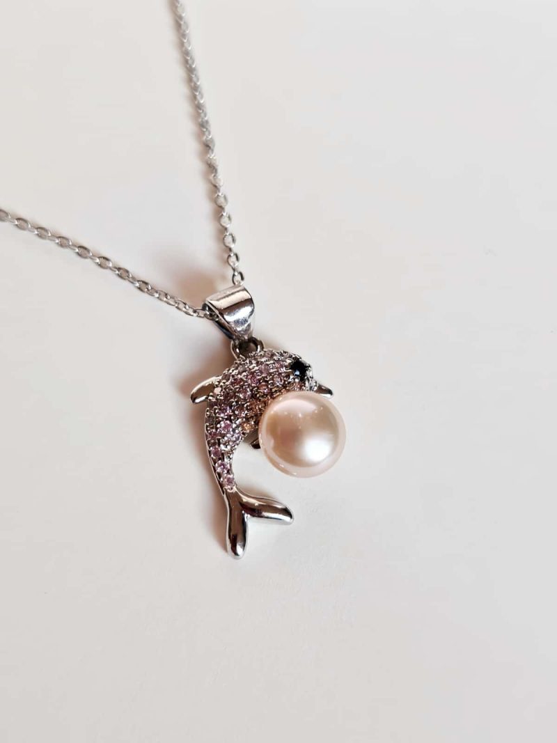 Halskette Süßwasser Perle und Zirkonia- Delfin Design