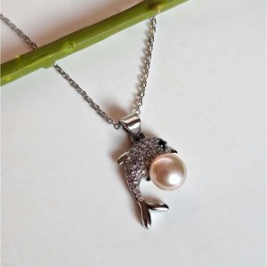 Halskette Süßwasser Perle und Zirkonia- Delfin Design