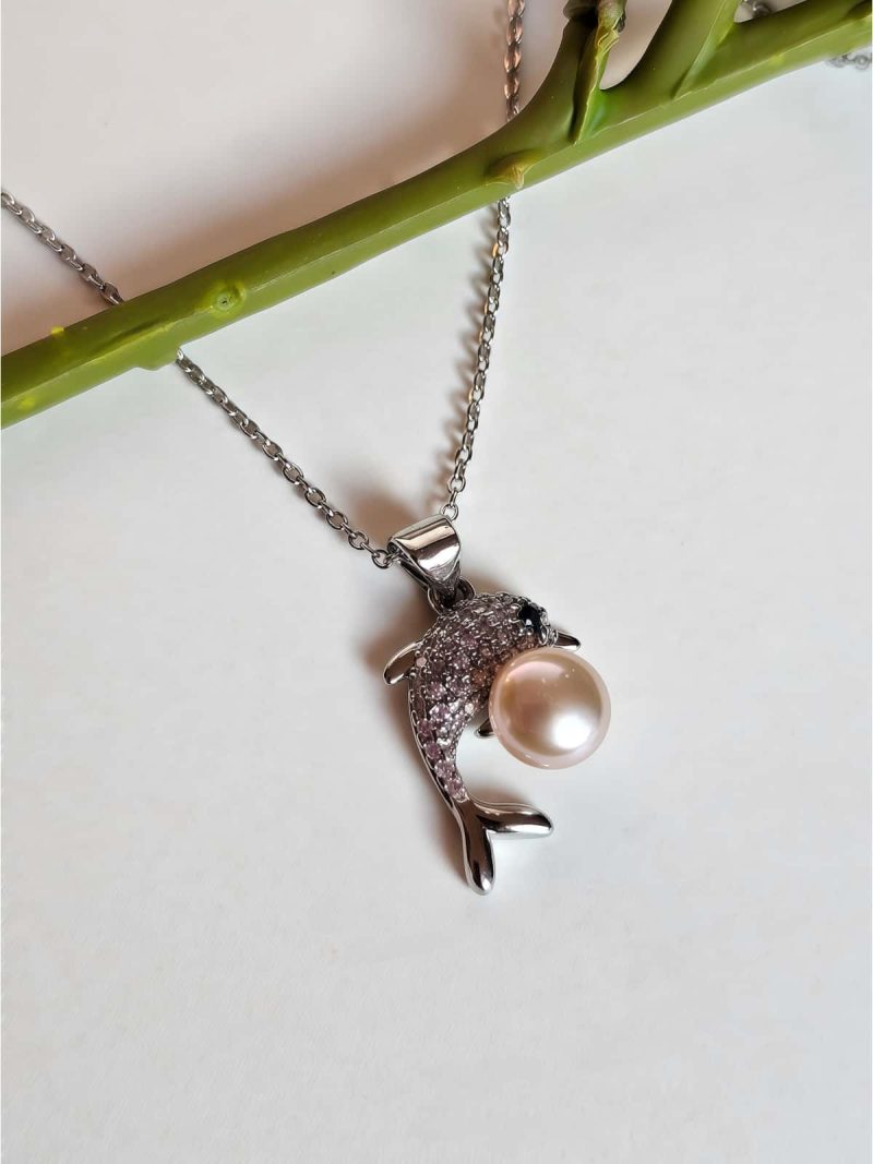 Halskette Süßwasser Perle und Zirkonia- Delfin Design