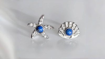 trendige Ohrstecker Muschel und Seestern aus Silber mit tiefblauem Edelstein frisches maritimes Design, ocean kollektion