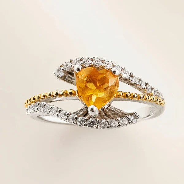 925 Silber Citrin Herz Ring Damen Verstellbarer Damenring aus 925 Silber in Gold-Silber Optik mit herzförmigem Citrin und funkelnden Zirkonia