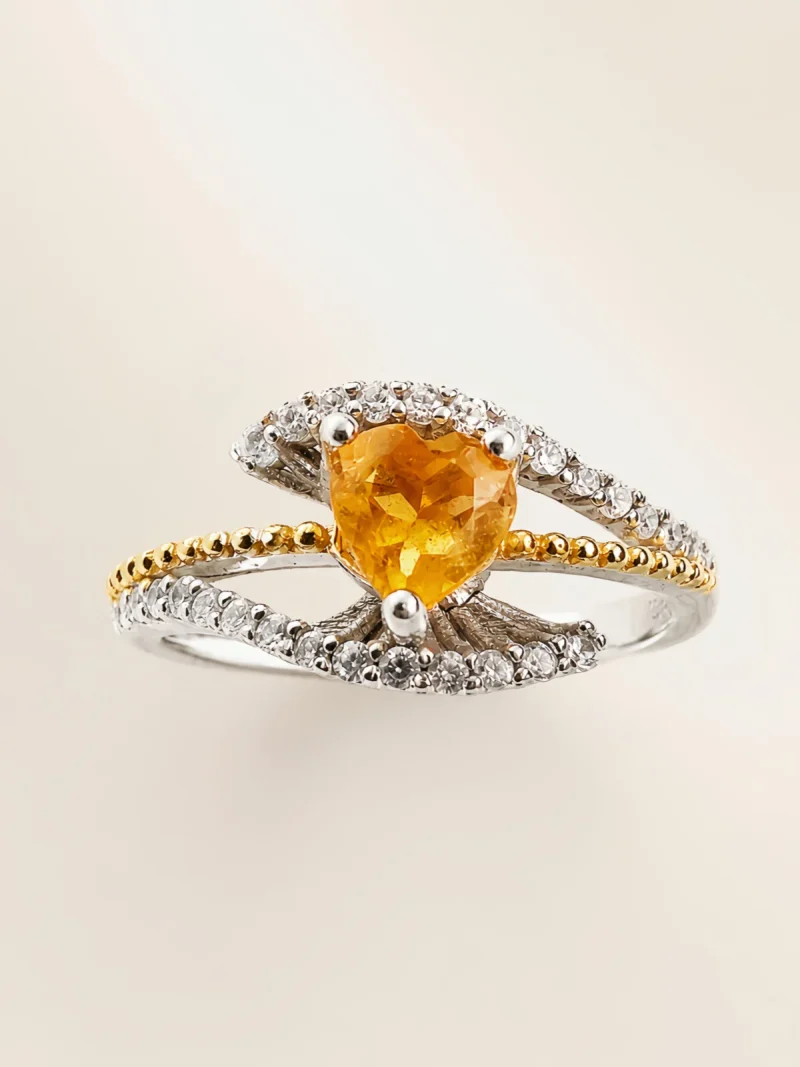 925 Silber Citrin Herz Ring Damen Verstellbarer Damenring aus 925 Silber in Gold-Silber Optik mit herzförmigem Citrin und funkelnden Zirkonia