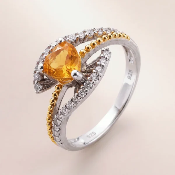 925 Silber Citrin Herz Ring Damen Verstellbarer Damenring aus 925 Silber in Gold-Silber Optik mit herzförmigem Citrin und funkelnden Zirkonia