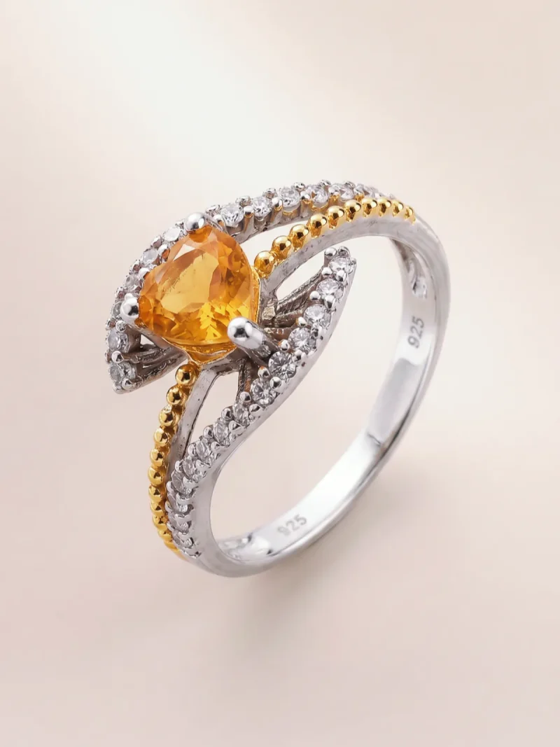 925 Silber Citrin Herz Ring Damen Verstellbarer Damenring aus 925 Silber in Gold-Silber Optik mit herzförmigem Citrin und funkelnden Zirkonia