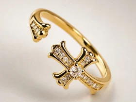 Moderner offener Damenring mit Kreuz-Design Goldfarbener offener Kreuz Ring mit funkelnden Zirkonia-Steinen für Damen im minimalistischen Stil