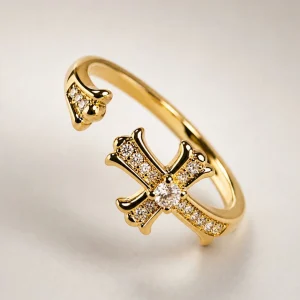 Goldfarbener offener Kreuz Ring mit funkelnden Zirkonia-Steinen für Damen im minimalistischen Stil