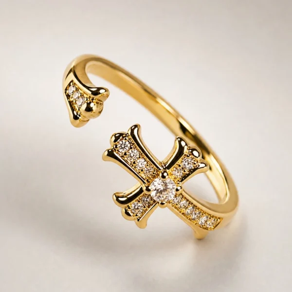 Moderner offener Damenring mit Kreuz-Design Goldfarbener offener Kreuz Ring mit funkelnden Zirkonia-Steinen für Damen im minimalistischen Stil