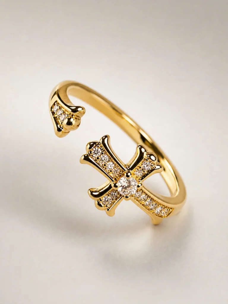 Offener Kreuz Ring Gold mit Zirkonia – minimalistischer verstellbarer Damenring Goldfarbener offener Kreuz Ring mit funkelnden Zirkonia-Steinen für Damen im minimalistischen Stil