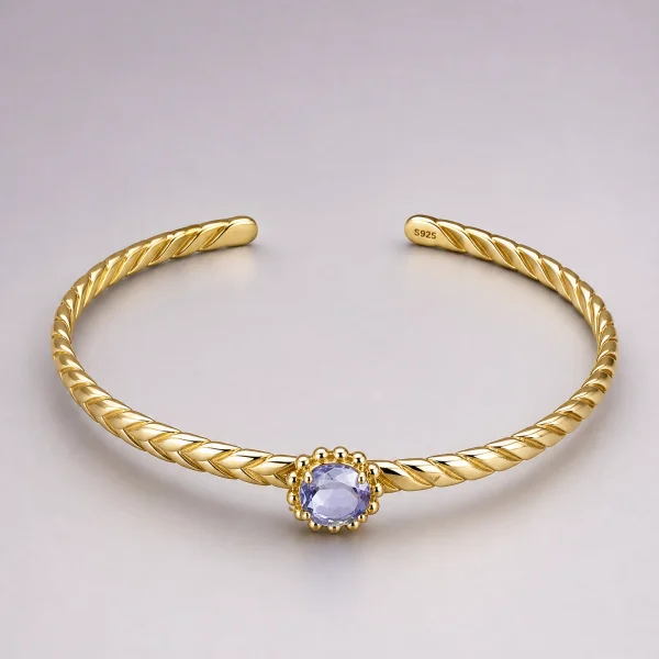 AB-SIL-01-1 925er Silber Vergoldet Offenes Armband mit Ovale Tansanit