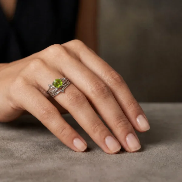 DR-TDS-07-3 Eleganter Damen Silberring mit echtem grünen Peridot - an der Hand präsentiert