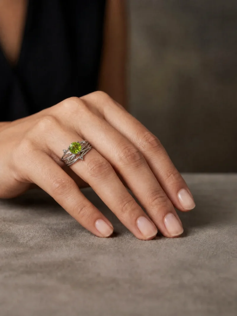 DR-TDS-07-3 Eleganter Damen Silberring mit echtem grünen Peridot - an der Hand präsentiert