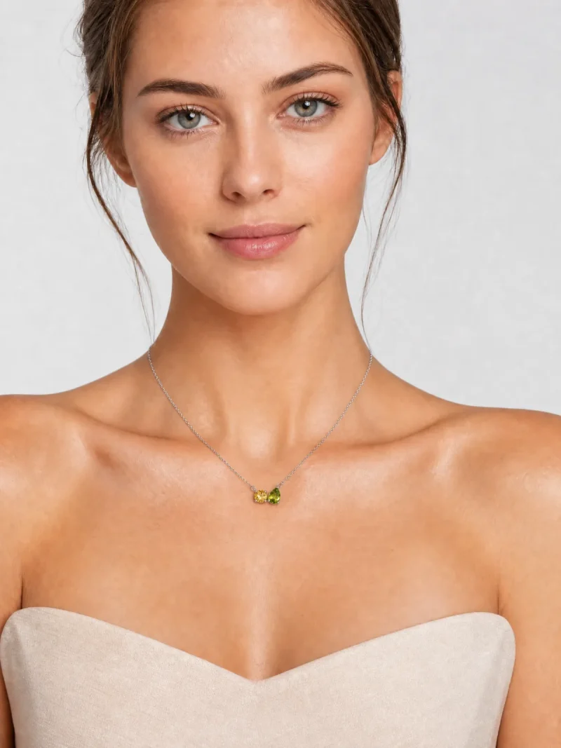 925 Silber Halskette mit Peridot & Citrin – Asymmetrischer Anhänger