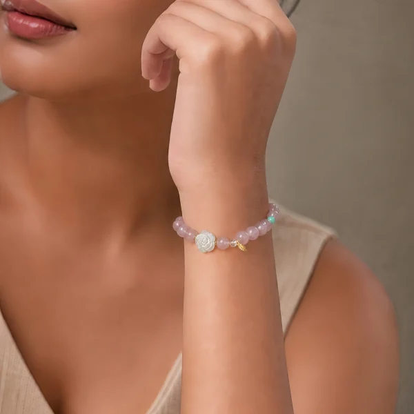 AB-PER-03-02 Lavendelquarz Armband mit Bergkristall-Rose & Amazonit – Pastell-Look