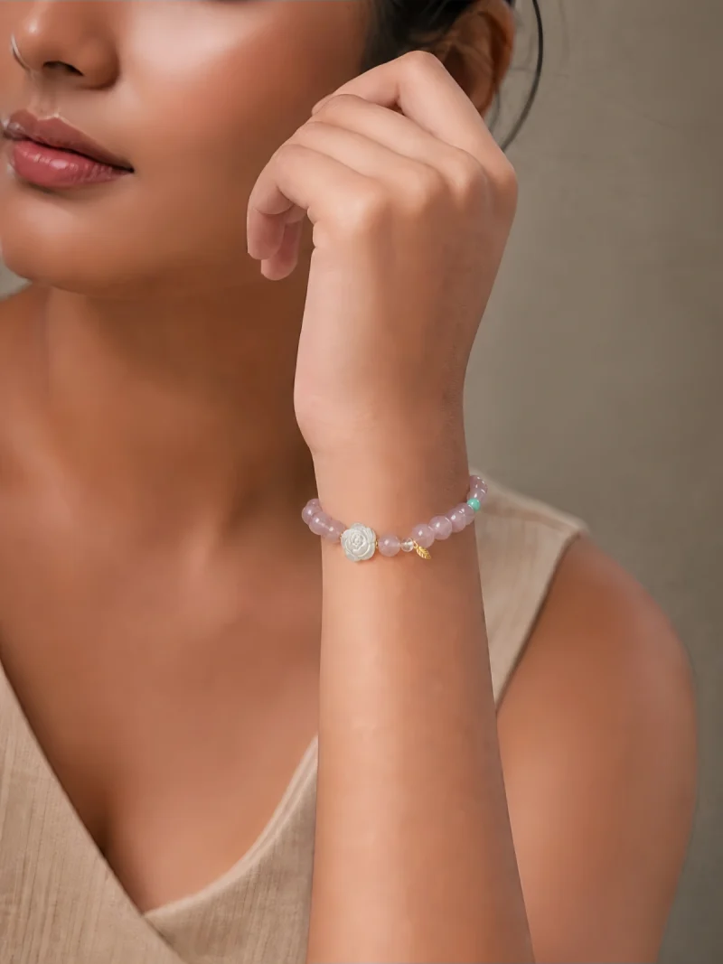 AB-PER-03-02 Lavendelquarz Armband mit Bergkristall-Rose & Amazonit – Pastell-Look