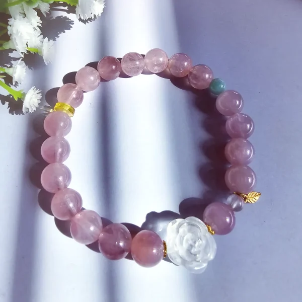 AB-PER-03-03 Lavendelquarz Armband mit Bergkristall-Rose & Amazonit – Pastell-Look