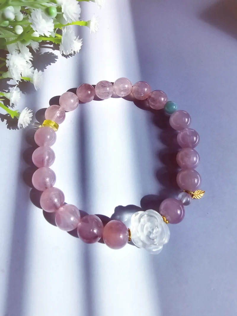 AB-PER-03-03 Lavendelquarz Armband mit Bergkristall-Rose & Amazonit – Pastell-Look