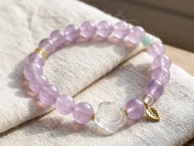 Ein elegantes Naturstein-Armband aus zartvioletten Amethystperlen mit einer geschnitzten Bergkristall-Rose, einer grünen Amazonitperle und vergoldeten Silber-Accessoires. Ein kleiner goldfarbener Blattanhänger rundet das Design ab. Das Armband liegt auf einem rosafarbenen Hintergrund im Sonnenlicht, das die transparenten Perlen sanft zum Leuchten bringt.