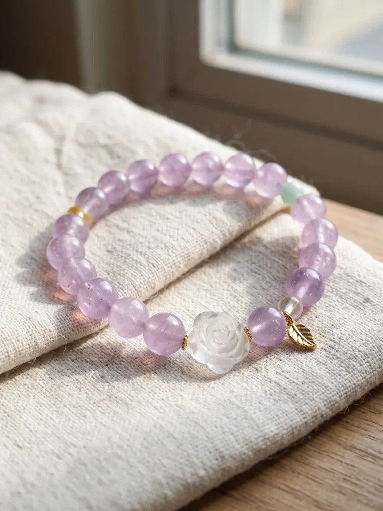 Ein elegantes Naturstein-Armband aus zartvioletten Amethystperlen mit einer geschnitzten Bergkristall-Rose, einer grünen Amazonitperle und vergoldeten Silber-Accessoires. Ein kleiner goldfarbener Blattanhänger rundet das Design ab. Das Armband liegt auf einem rosafarbenen Hintergrund im Sonnenlicht, das die transparenten Perlen sanft zum Leuchten bringt.