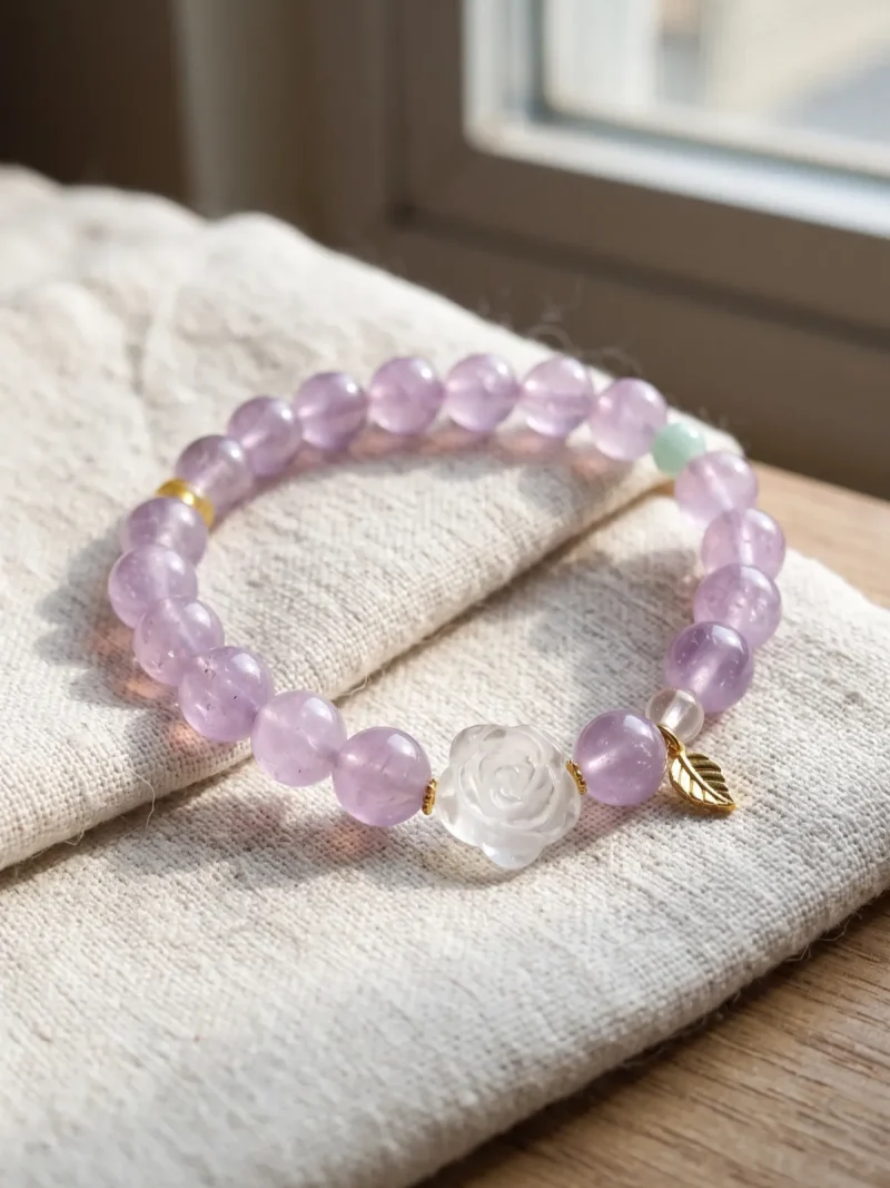 AB-PER-03-4 Ein elegantes Naturstein-Armband aus zartvioletten Amethystperlen mit einer geschnitzten Bergkristall-Rose, einer grünen Amazonitperle und vergoldeten Silber-Accessoires. Ein kleiner goldfarbener Blattanhänger rundet das Design ab. Das Armband liegt auf einem rosafarbenen Hintergrund im Sonnenlicht, das die transparenten Perlen sanft zum Leuchten bringt.