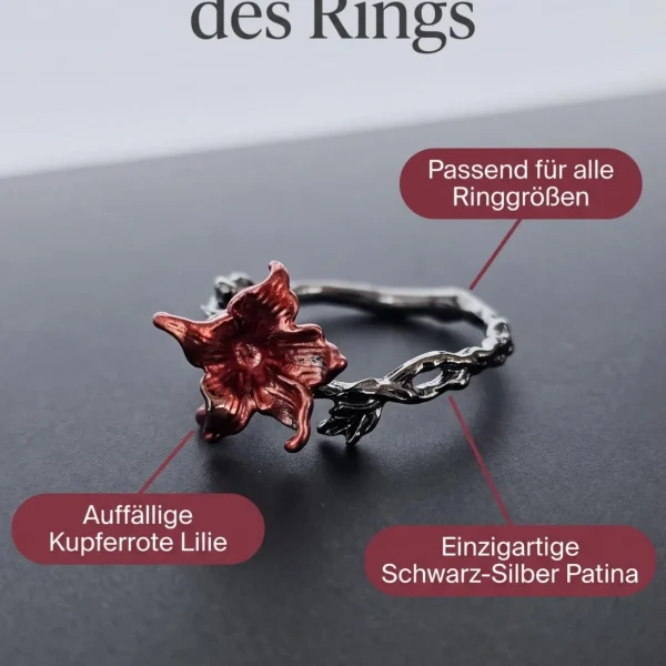 DR-GTC-01-3 Gotischer Lilienring mit roter Blüte und silberfarbener Vintage-Ringschiene im Dark Romantic Stil.