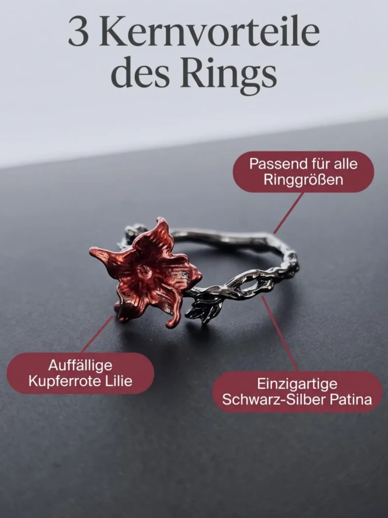 DR-GTC-01-3 Gotischer Lilienring mit roter Blüte und silberfarbener Vintage-Ringschiene im Dark Romantic Stil.
