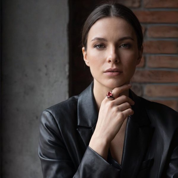 DR-GTC-01-9 Eine Frau trägt einen Gotischer Lilienring mit roter Blüte und gun-schwarzfarbener Vintage-Ringschiene im Dark Romantic Stil am Zeigfinger. Sie steht vor einem Wand.