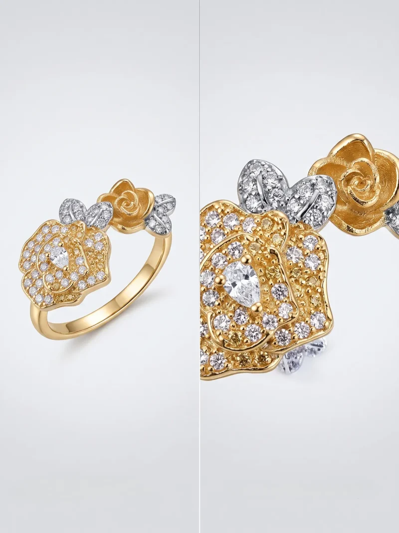DR-TDG-05-5 Nahaufnahme einer goldfarbenen Damenring. Der Set zeigt zwei stilisierte Rosenblüten: Eine Blüte ist glatt und poliert, die andere ist dicht mit kleinen, funkelnden Kristallen (Pavé-Optik) besetzt und hat einen größeren Kristall in der Mitte.