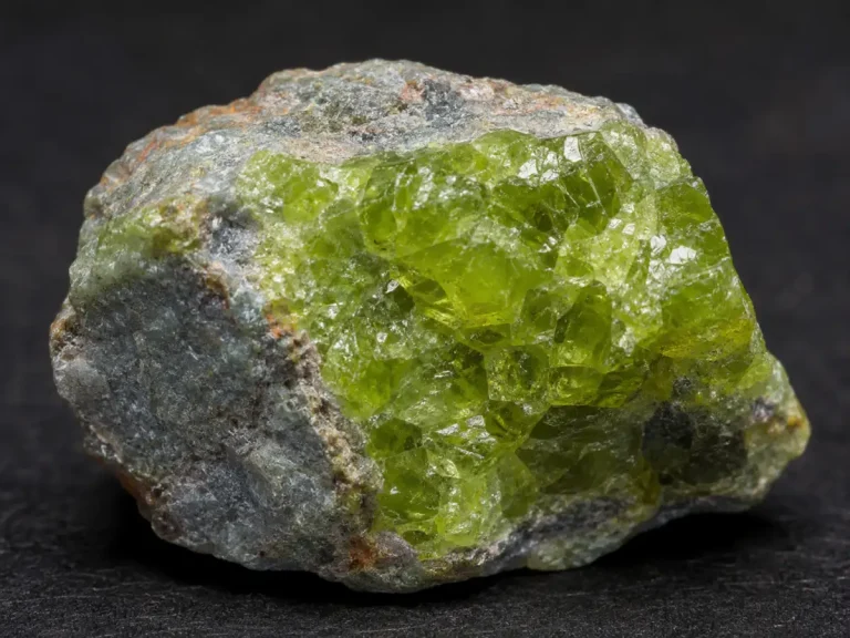 A close-up photograph of a rough olivine (peridot) mineral specimen resting against a dark background. The rock has a grayish-brown matrix with a large exposed area of vivid yellow-green, translucent crystals. The crystals have irregular, angular faces that catch the light, giving them a glassy sparkle and highlighting the natural texture of the raw gemstone.